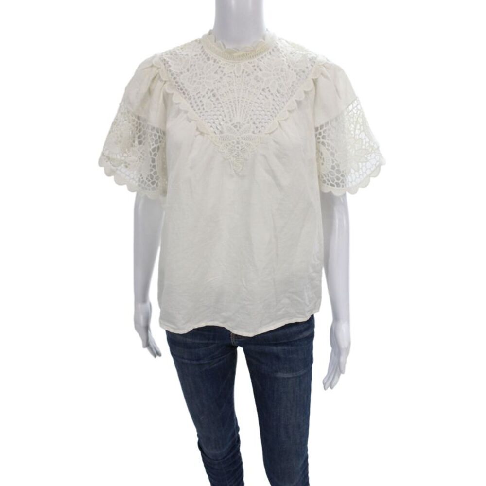 Ulla Johnson Womens High Neck Short Sleeve Linen Cotton Blouse White Size 0